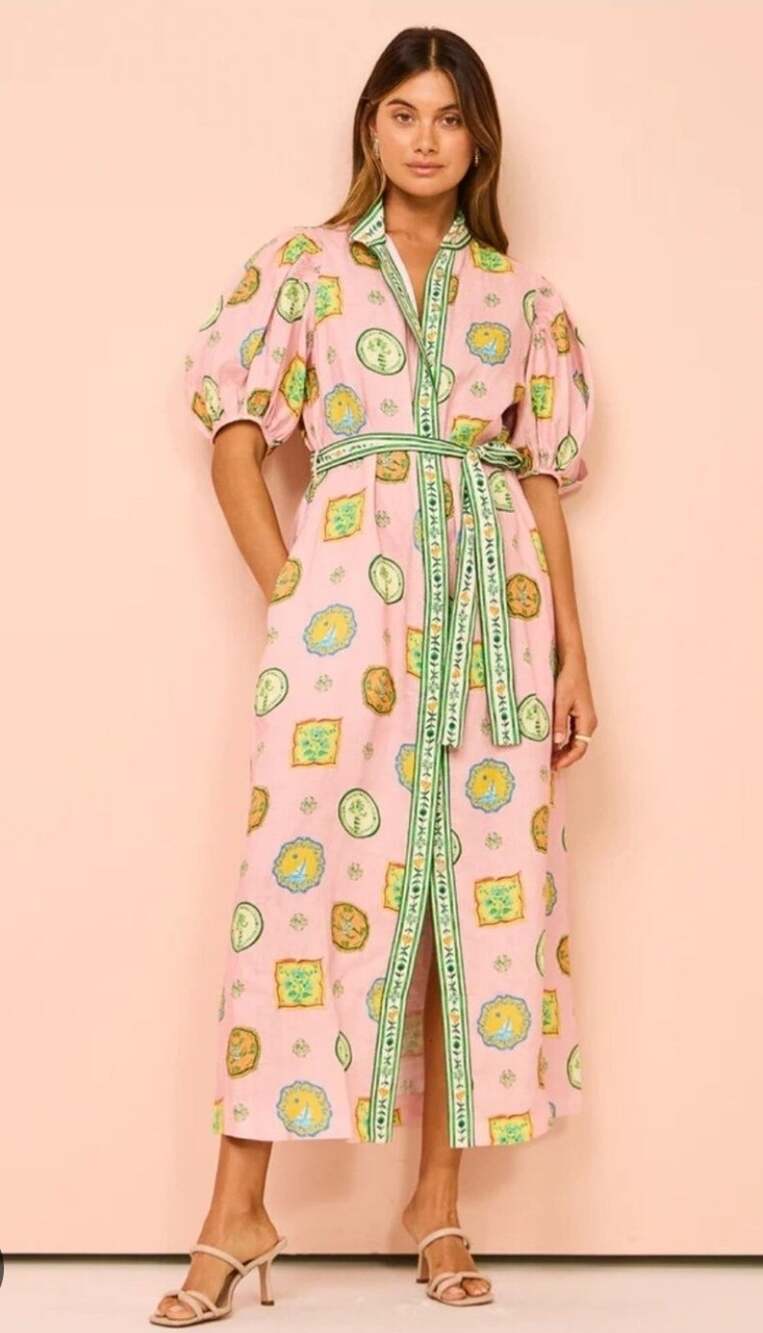 ALÉMAIS Womens Pink 100% European Flax Midi Belted Porcelain Shirt Dress US 0